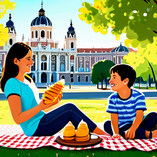Home 4 **
"A bright and cheerful illustration of a family having a picnic in a park in Madrid, Spain. They are fully clothed in casual, comfortable attire, enjoying traditional Spanish snacks like *tortilla española* and *churros*. The background features iconic Madrid landmarks like the Royal Palace and the Almudena Cathedral, bathed in warm sunlight. Perfect anatomy, correct proportions, natural pose. Safe for work, appropriate content, fully clothed, family-friendly."
**