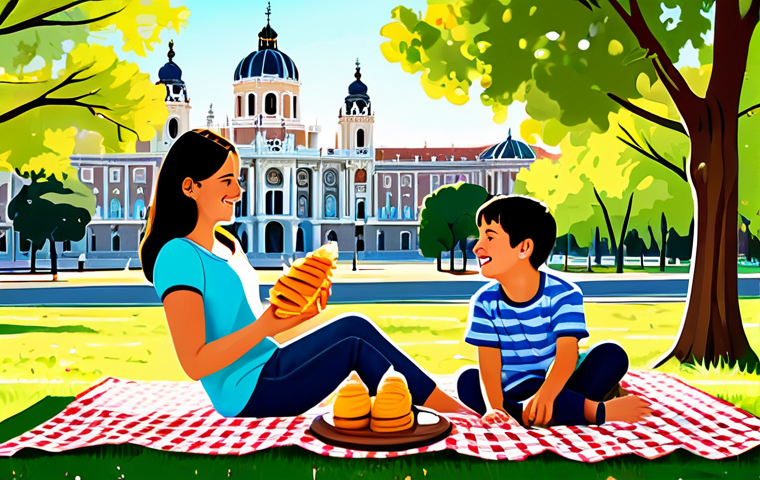 **

"A bright and cheerful illustration of a family having a picnic in a park in Madrid, Spain. They are fully clothed in casual, comfortable attire, enjoying traditional Spanish snacks like *tortilla española* and *churros*. The background features iconic Madrid landmarks like the Royal Palace and the Almudena Cathedral, bathed in warm sunlight.  Perfect anatomy, correct proportions, natural pose. Safe for work, appropriate content, fully clothed, family-friendly."

**