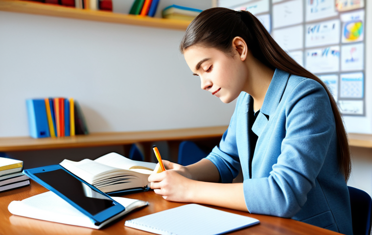 Personalized Learning**

A focused student, fully clothed in comfortable studying attire, using a variety of learning materials (books, tablet, notes) at a cozy desk. The background shows a bright and organized room. The image should convey the idea of customized learning paths. Include elements like mind maps or visual aids. Safe for work, appropriate content, modest, professional, perfect anatomy, correct proportions, natural pose, well-formed hands, proper finger count, natural body proportions.

**