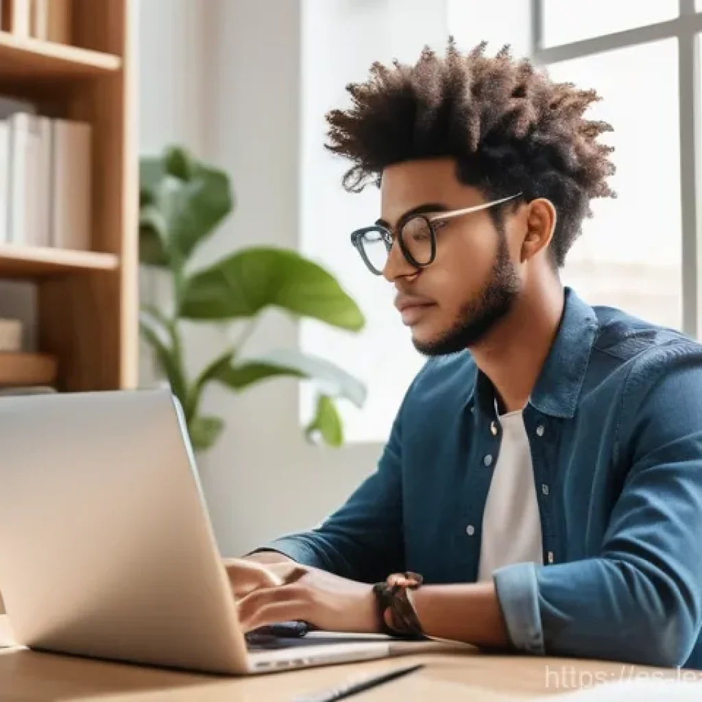 자기 주도 학습의 이론 및 실제 적용 - A diverse young adult, fully clothed in comfortable, modern attire, is seated at a minimalist desk i...