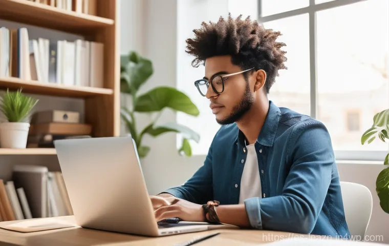 자기 주도 학습의 이론 및 실제 적용 - A diverse young adult, fully clothed in comfortable, modern attire, is seated at a minimalist desk i...