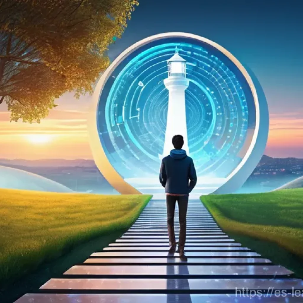 자기 주도 학습을 위한 평가 기준 설정 - A determined young adult, dressed in smart-casual attire, stands on a winding, illuminated pathway c...