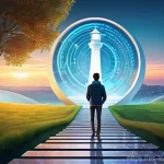 Home 17 자기 주도 학습을 위한 평가 기준 설정 - A determined young adult, dressed in smart-casual attire, stands on a winding, illuminated pathway c...