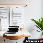 Home 19 자기 주도 학습의 변화 관리 전략 - A bright, modern home study space tailored for a Spanish-speaking learner, featuring a clean desk wi...