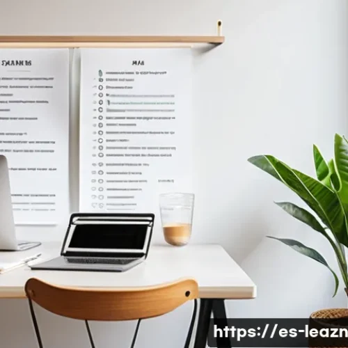 Home 13 자기 주도 학습의 변화 관리 전략 - A bright, modern home study space tailored for a Spanish-speaking learner, featuring a clean desk wi...