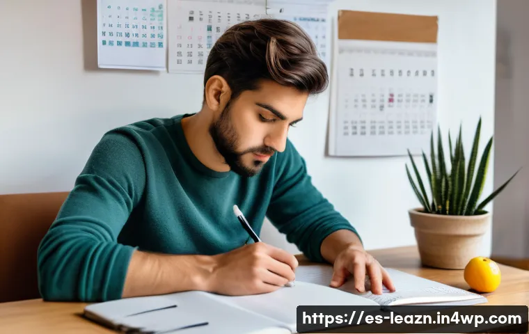 자기 주도 학습과 메타인지의 관계 - A focused young adult studying independently at a tidy, well-lit desk in a cozy Spanish apartment, s...