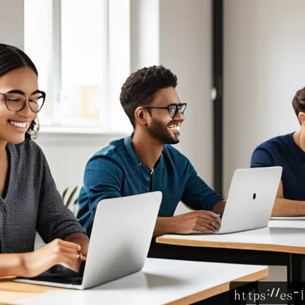 자기 주도 학습을 위한 기술적 지원 - A modern digital learning environment scene featuring a diverse group of young adults using adaptive...