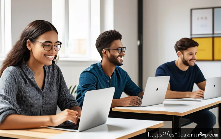 자기 주도 학습을 위한 기술적 지원 - A modern digital learning environment scene featuring a diverse group of young adults using adaptive...